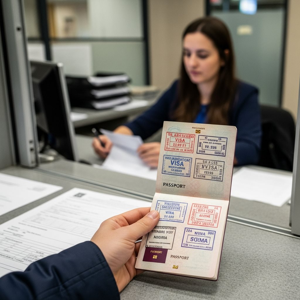 Personne tenant un passeport avec tampons de visa au guichet d'immigration